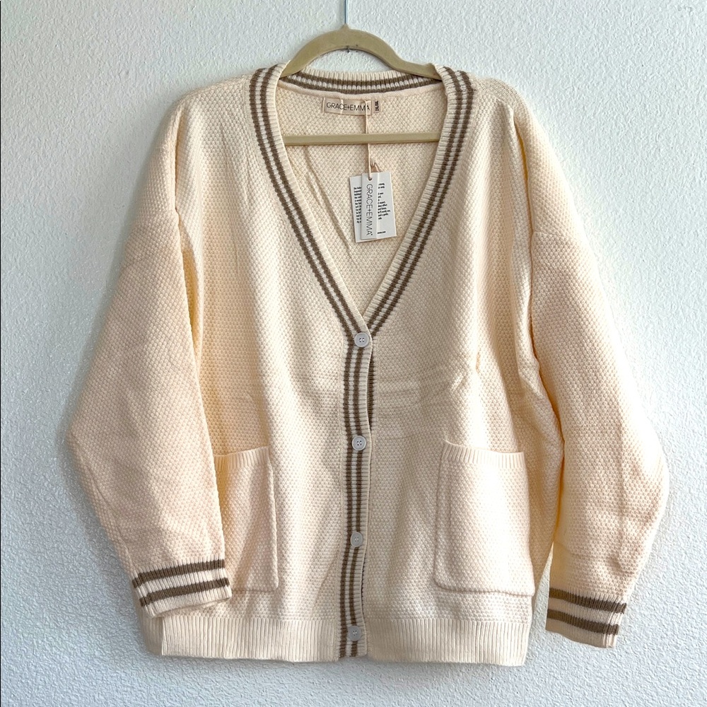 Cream Cardigan with Striped Trim, size 2X/3X